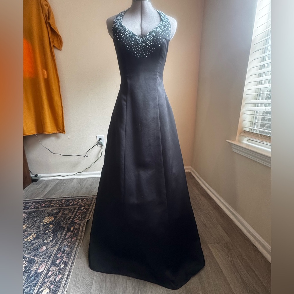 Masquerade Black Backless Halter Evening Gown with Beaded Neckline